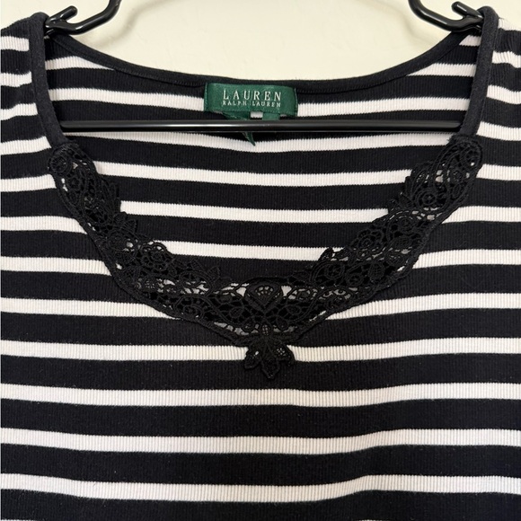 Lauren Ralph Lauren Vintage Y2K Black White Striped Ribbed Tank Top Lace Cotton - Picture 3 of 4